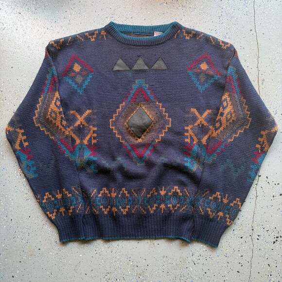 RN 49028 Sweaters - Vintage 90s Southwestern Aztec Print Crewneck Sweater with Leather Trim